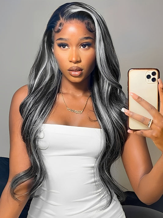 Body Wave Highlight Wigs Black Human Hair Wigs With Grey Highlights