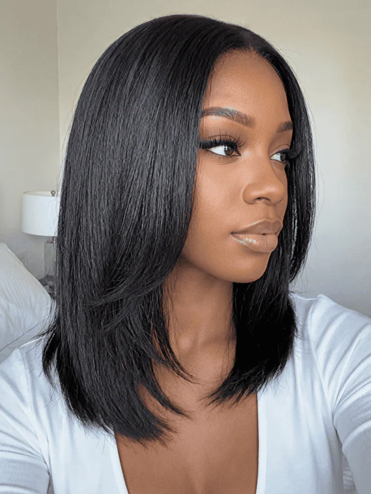 Pre-Layered Wig With Light Yaki Straight Texture 5x7 Lace Short Bob Wig For Beginner Friendly Glueless Human Hair