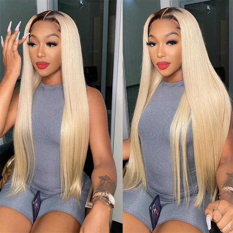 1b/613 Ombre Human Hair Straight Wigs Blonde With Dark Roots Lace Front Wigs