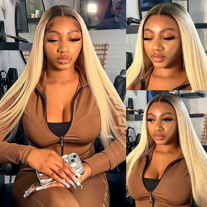 1b/613 Ombre Human Hair Straight Wigs Blonde With Dark Roots Lace Front Wigs