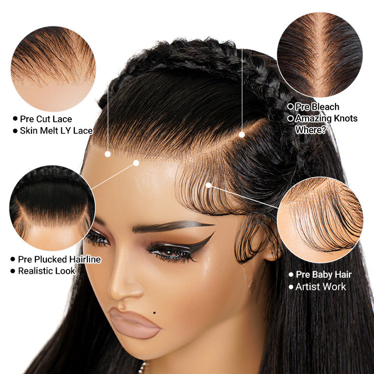 Straight Pre Braided Human Hair Glueless 13*6 Super Invisible Lace Wig Bleached Knots