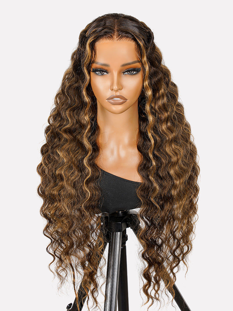 Blonde Highlight Wig Glueless 13x4 Crimped Wavy Lace Front Wig