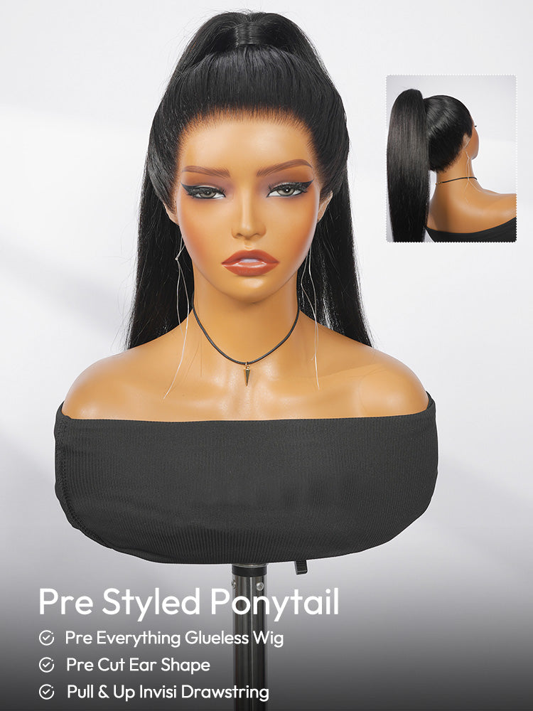 Chic High Ponytail Straight Wig Pre-Styled 360 Lace Front Wig With Invisible Drawstring