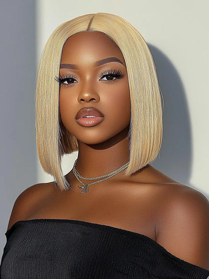 #613 Blonde Color Straight Lace Bob Wigs Middle Part Short Blonde Bob Wigs