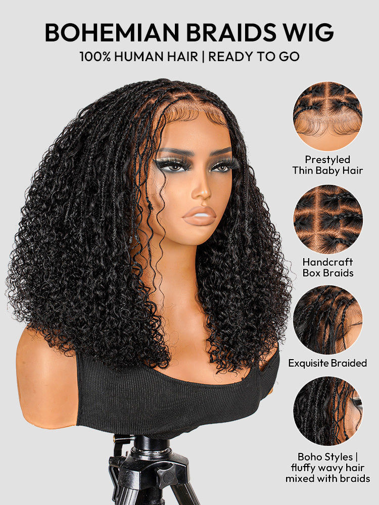 Boho Braided Wig Curly Ready to Go Glueless 5x5 Lace Closure Wig with Baby Hair