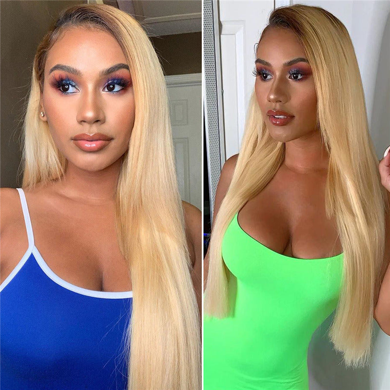1b/613 Ombre Human Hair Straight Wigs Blonde With Dark Roots Lace Front Wigs