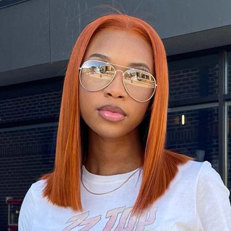Straight Copper Colored Bob Blunt Cut Shoulder Length Hair wig