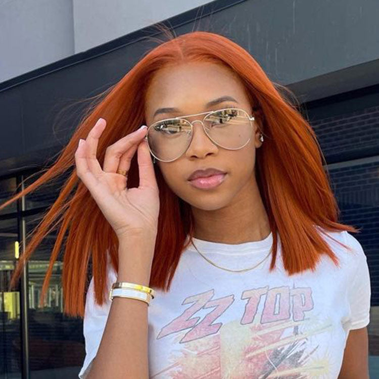 Straight Copper Colored Bob Blunt Cut Shoulder Length Hair wig