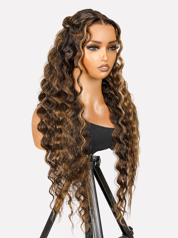 Blonde Highlight Wig Glueless 13x4 Crimped Wavy Lace Front Wig