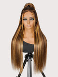 Brown and Honey Blonde Highlight Glueless Silky Straight 13x4 Lace Front Wig