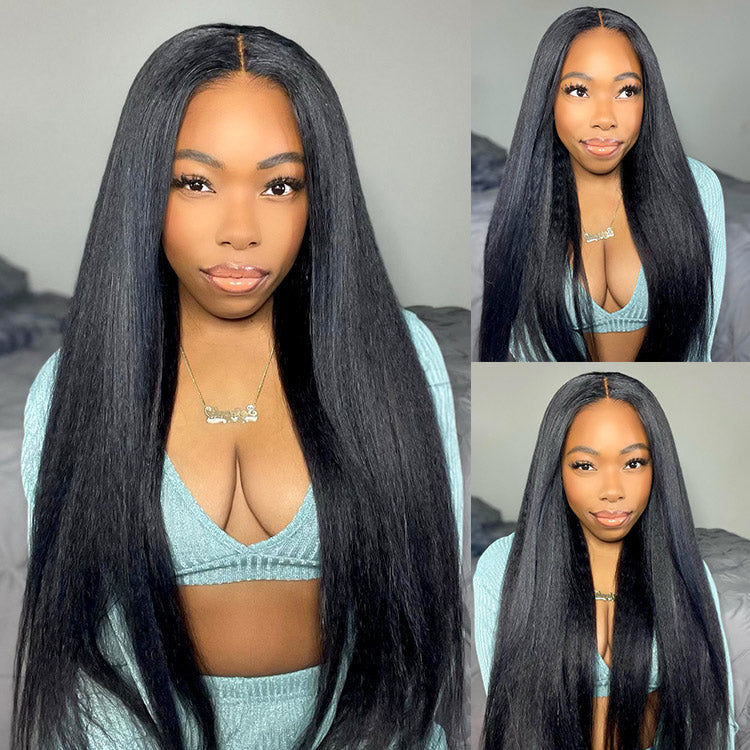 Glueless Ready To Go Wigs - Yaki Straight 4*7 Pre-cut Lace Closure Wig Human Hair