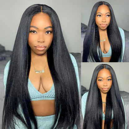Glueless Ready To Go Wigs - Yaki Straight 4*7 Pre-cut Lace Closure Wig Human Hair