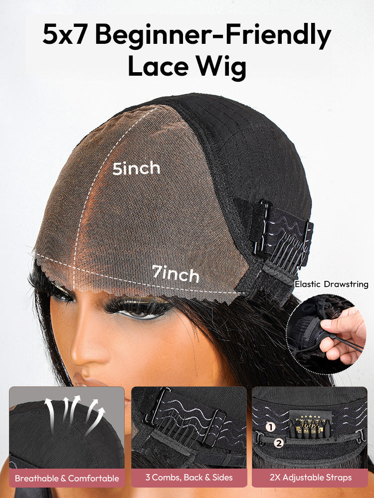 Loose Body Wave Wig Super Invisible 5x7 Lace Front Short Bob Ready To Go Wig With Elastic Drawstring