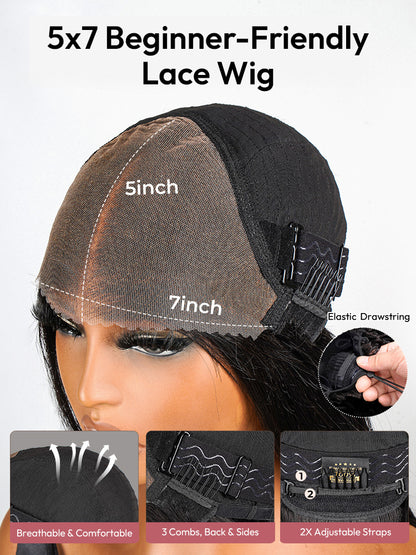 Loose Body Wave Wig Super Invisible 5x7 Lace Front Short Bob Ready To Go Wig With Elastic Drawstring