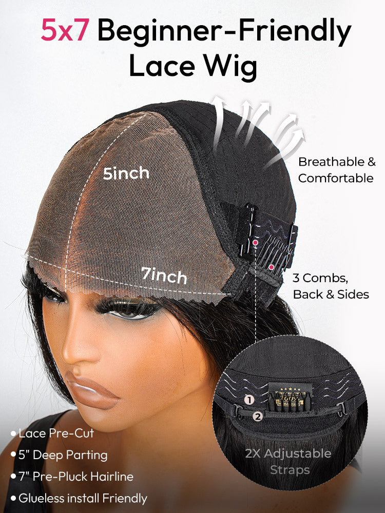 Pre-Layered Wig With Light Yaki Straight Texture 5x7 Lace Short Bob Wig For Beginner Friendly Glueless Human Hair