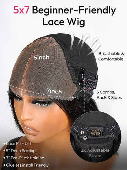 Pre-Layered Wig With Light Yaki Straight Texture 5x7 Lace Short Bob Wig For Beginner Friendly Glueless Human Hair