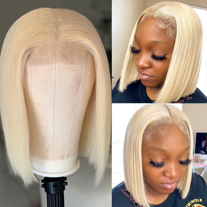#613 Blonde Color Straight Lace Bob Wigs Middle Part Short Blonde Bob Wigs