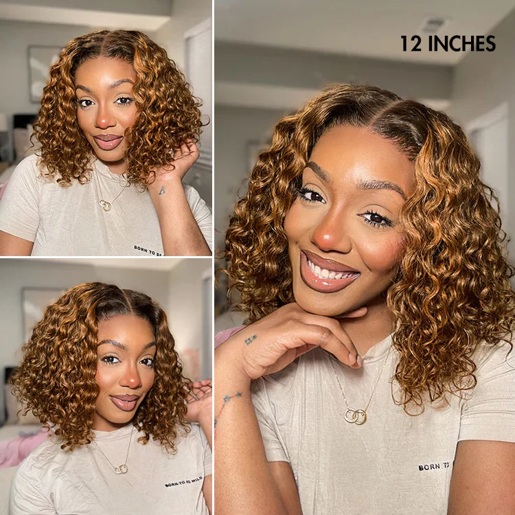 Ombre Brown Highlight / Natural Black Deep Curly Glueless 5x5 Closure Lace Wig