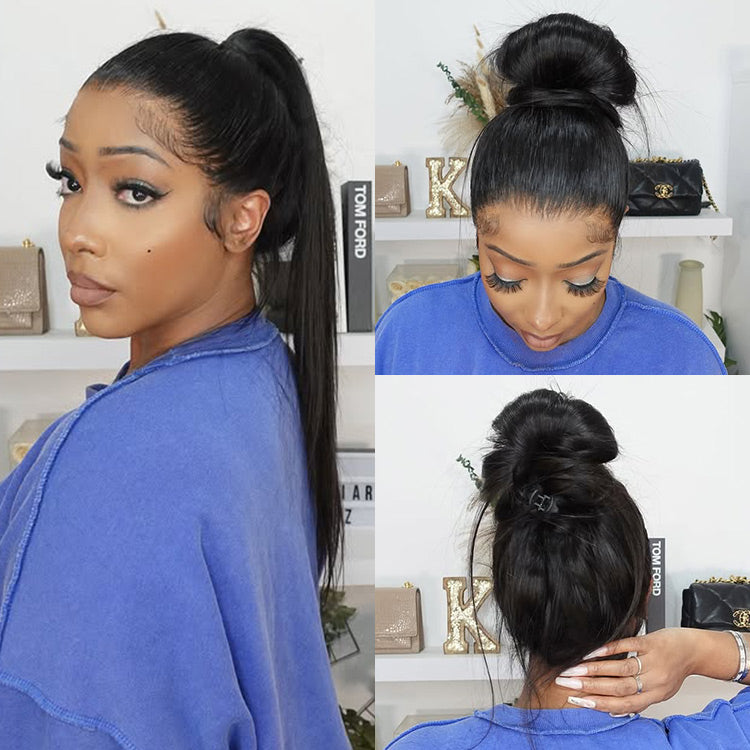 Invisi Drawstring 360 Lace Frontal Straight Human Hair Wigs Bleached Knots Pre Cut Lace Wig