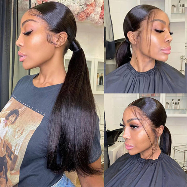 Invisi Drawstring 360 Lace Frontal Straight Human Hair Wigs Bleached Knots Pre Cut Lace Wig