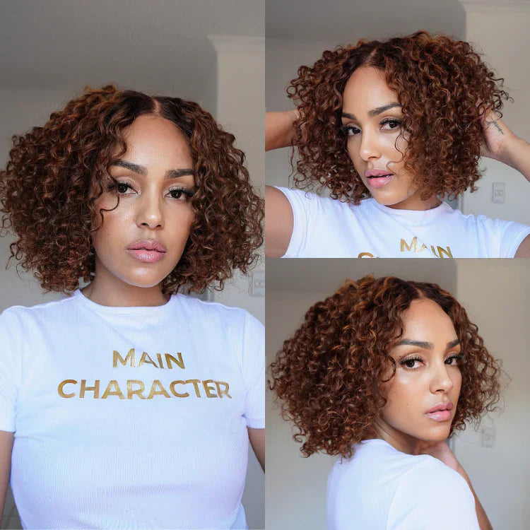 Ombre Brown Highlight / Natural Black Deep Curly Glueless 5x5 Closure Lace Wig