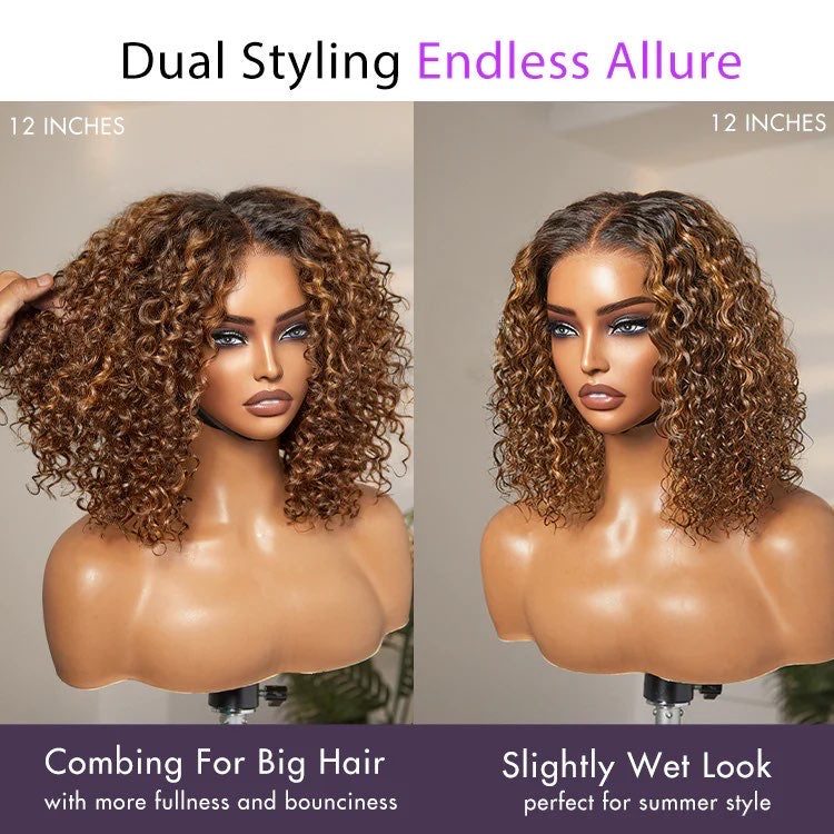 Ombre Brown Highlight / Natural Black Deep Curly Glueless 5x5 Closure Lace Wig