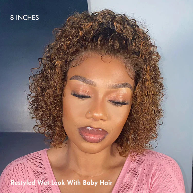 Jet Black / Brown Highlight Short Cut Slicked Back Curly Ear-to-ear Wide T Lace Wig