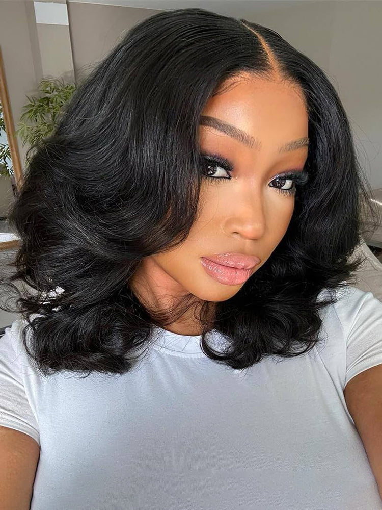 Loose Body Wave Wig Super Invisible 5x7 Lace Front Short Bob Ready To Go Wig With Elastic Drawstring