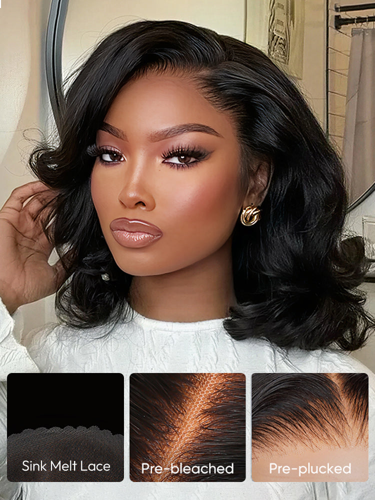 Loose Body Wave Wig Super Invisible 5x7 Lace Front Short Bob Ready To Go Wig With Elastic Drawstring