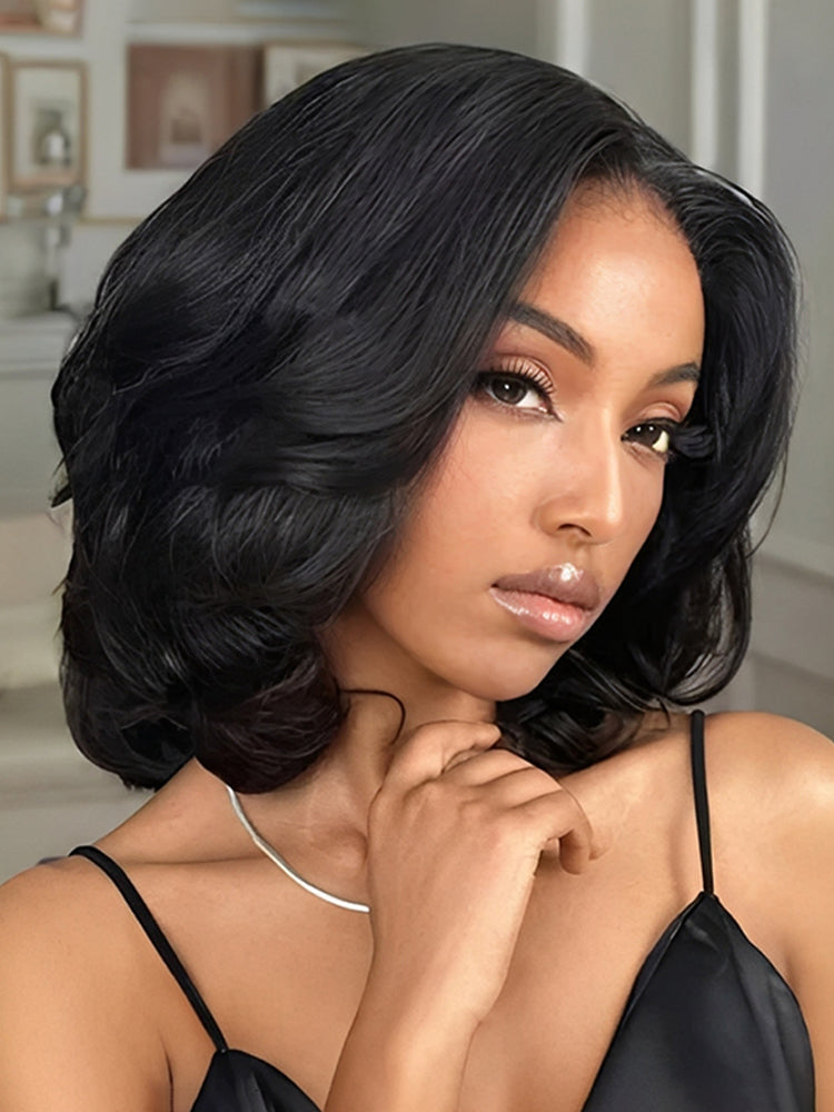 Loose Body Wave Wig Super Invisible 5x7 Lace Front Short Bob Ready To Go Wig With Elastic Drawstring
