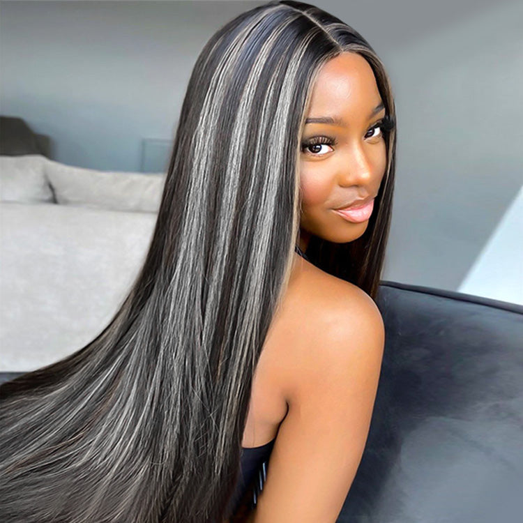 Straight Black Wigs With Gray Highlights Lace Front Wig