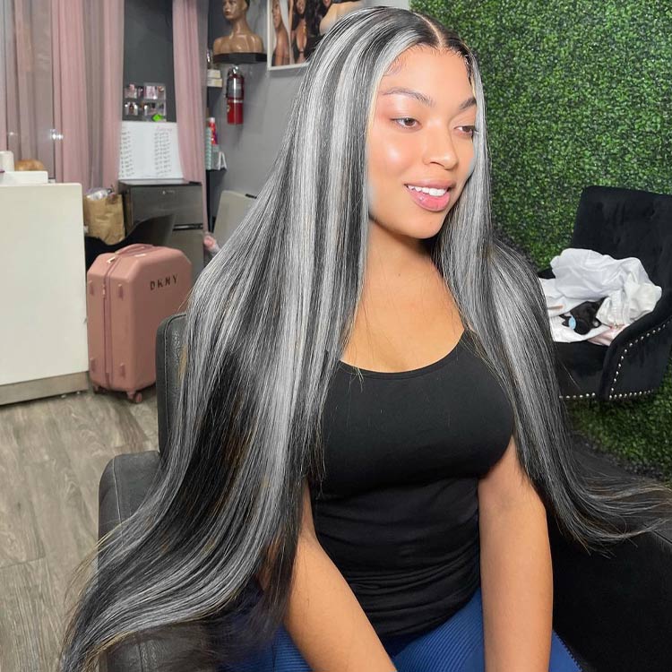 Straight Black Wigs With Gray Highlights Lace Front Wig
