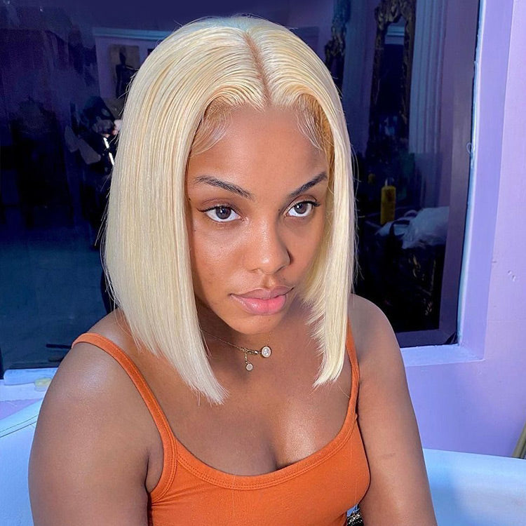 #613 Blonde Color Straight Lace Bob Wigs Middle Part Short Blonde Bob Wigs