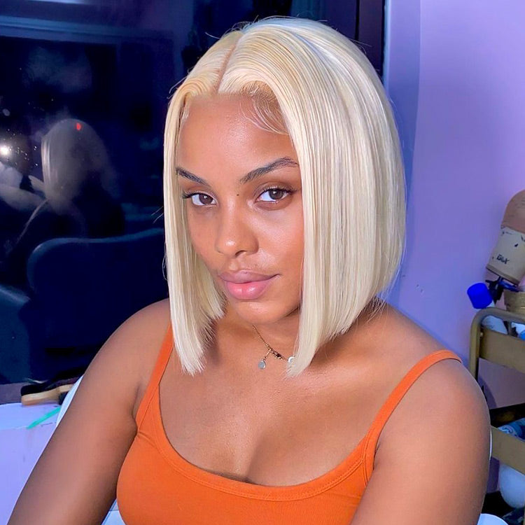 #613 Blonde Color Straight Lace Bob Wigs Middle Part Short Blonde Bob Wigs