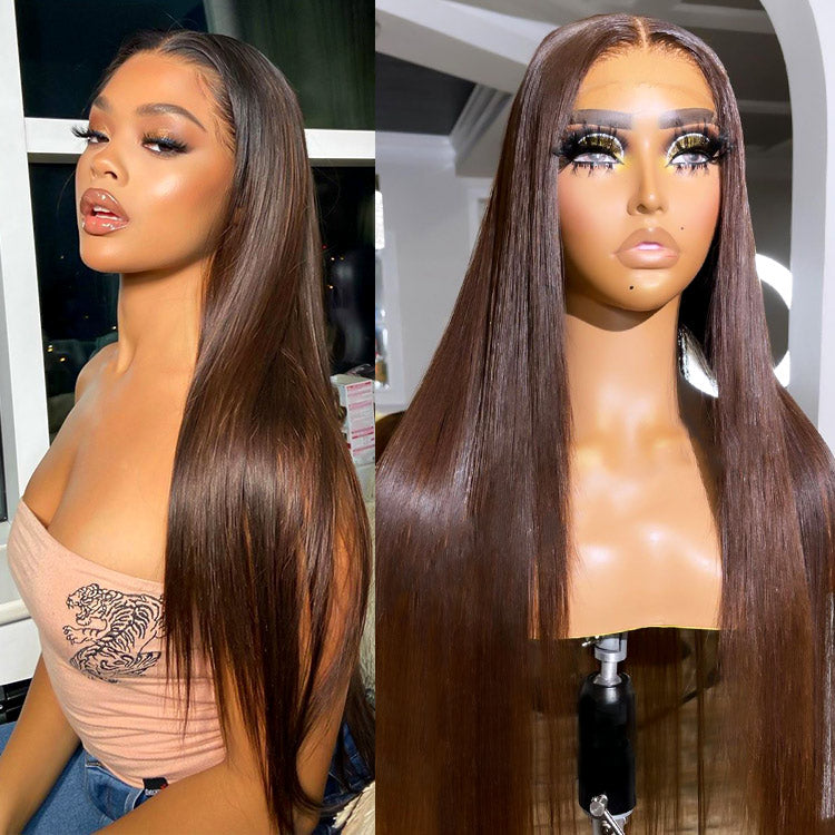 Dark Brown Human Hair Lace Front Wigs Straight Real Human Hair Wig
