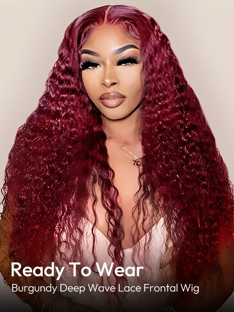 Ready To Go Wigs - 99J Burgundy Deep Wave Lace Front Wigs Customized Pre Colored Deep Weave Hair