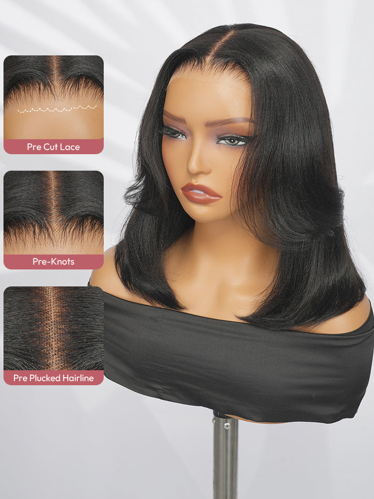 Pre-Layered Wig With Light Yaki Straight Texture 5x7 Lace Short Bob Wig For Beginner Friendly Glueless Human Hair