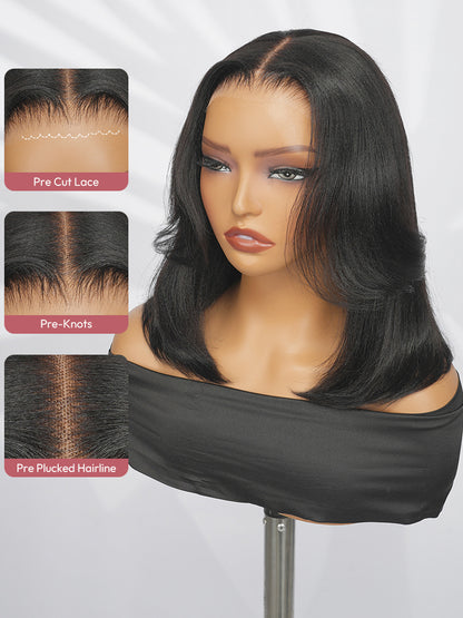 Pre-Layered Wig With Light Yaki Straight Texture 5x7 Lace Short Bob Wig For Beginner Friendly Glueless Human Hair