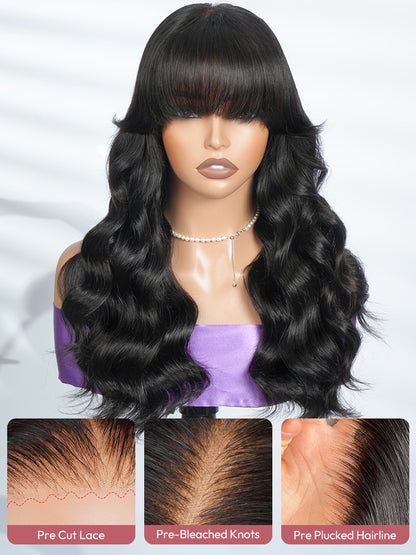 Body Wave Human Hair Wigs With Bangs 5*5 Ready to Go Pre-Cut Lace Closure 180% Density Wigs For Women