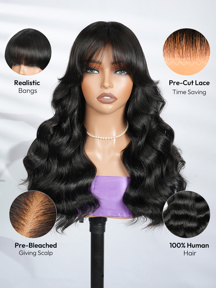 Body Wave Human Hair Wigs With Bangs 5*5 Ready to Go Pre-Cut Lace Closure 180% Density Wigs For Women