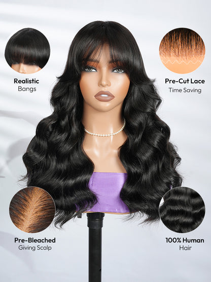 Body Wave Human Hair Wigs With Bangs 5*5 Ready to Go Pre-Cut Lace Closure 180% Density Wigs For Women