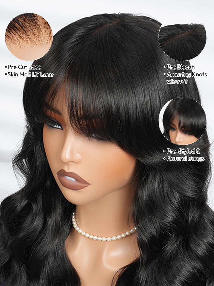 Body Wave Human Hair Wigs With Bangs 5*5 Ready to Go Pre-Cut Lace Closure 180% Density Wigs For Women