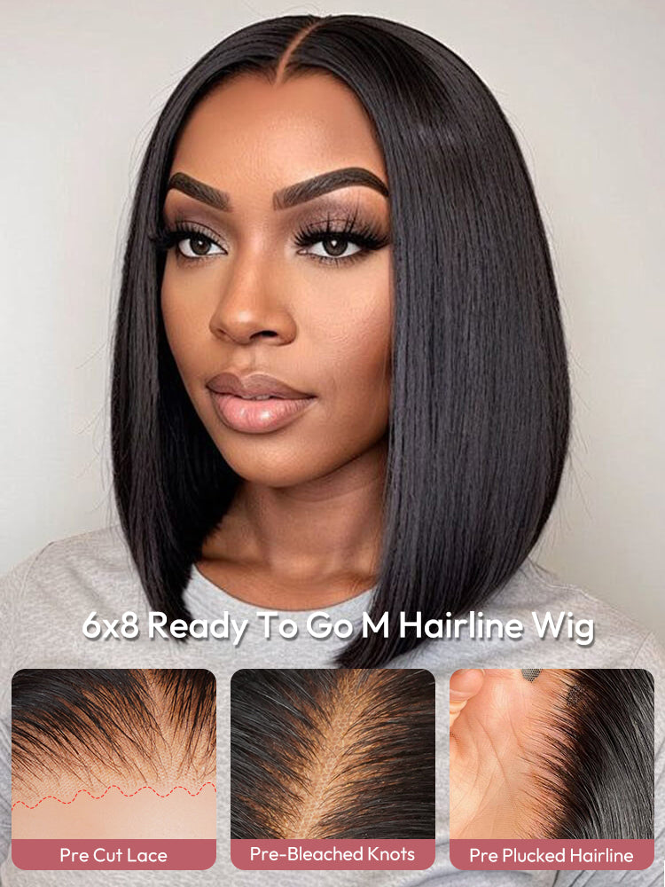 Natural Black Bob Straight Wig With M Hairline 6x8 Pre-cut Lace Wig With Elastic Drawstring 180% Density Hair