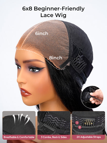 Natural Black Bob Straight Wig With M Hairline 6x8 Pre-cut Lace Wig With Elastic Drawstring 180% Density Hair