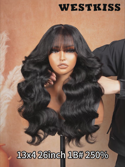 Pre-Everything Customized Wave Wig Black Fluffy Natural With Curtain Bangs Wig