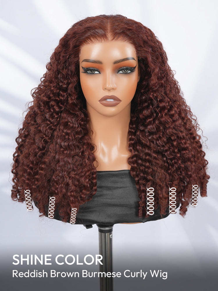 Colored Burmese Ready To Go Lace Wig With Reddish Brown Premium Human Hair With Full Spiral