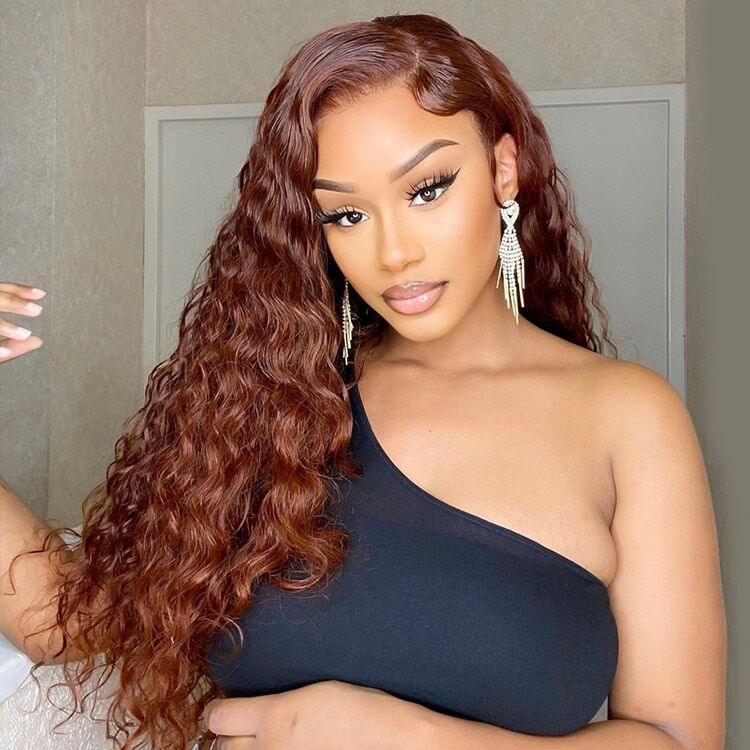 Deep Wave Reddish Brown Wigs Transparent Dark Brown Red Lace Wig