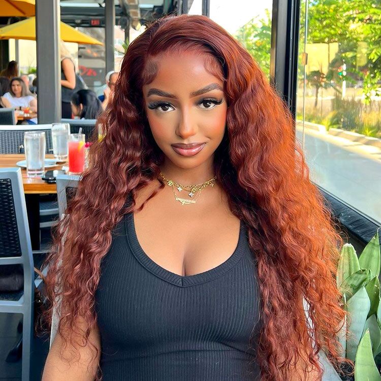 Deep Wave Reddish Brown Wigs Transparent Dark Brown Red Lace Wig