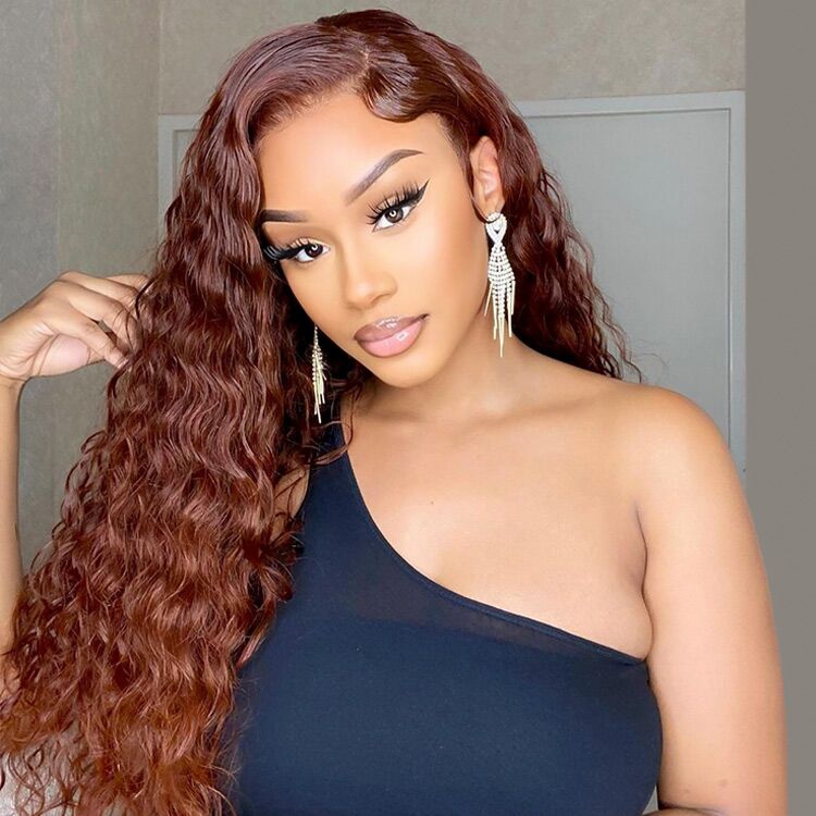 Deep Wave Reddish Brown Wigs Transparent Dark Brown Red Lace Wig