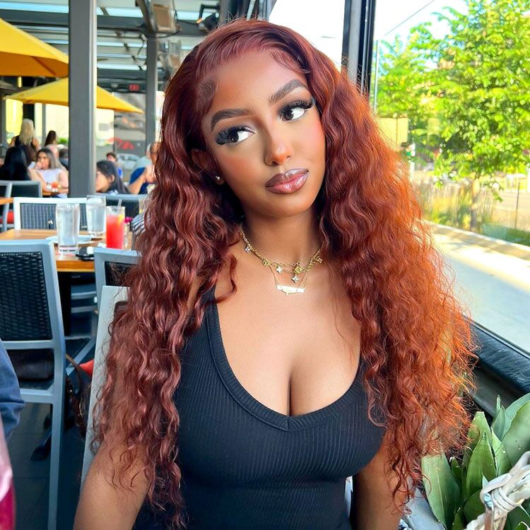 Deep Wave Reddish Brown Wigs Transparent Dark Brown Red Lace Wig